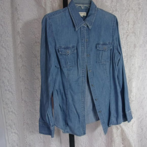 Jones New York Classic Blue Chambray Button Front Shirt Blouse Size Large - Picture 3 of 4